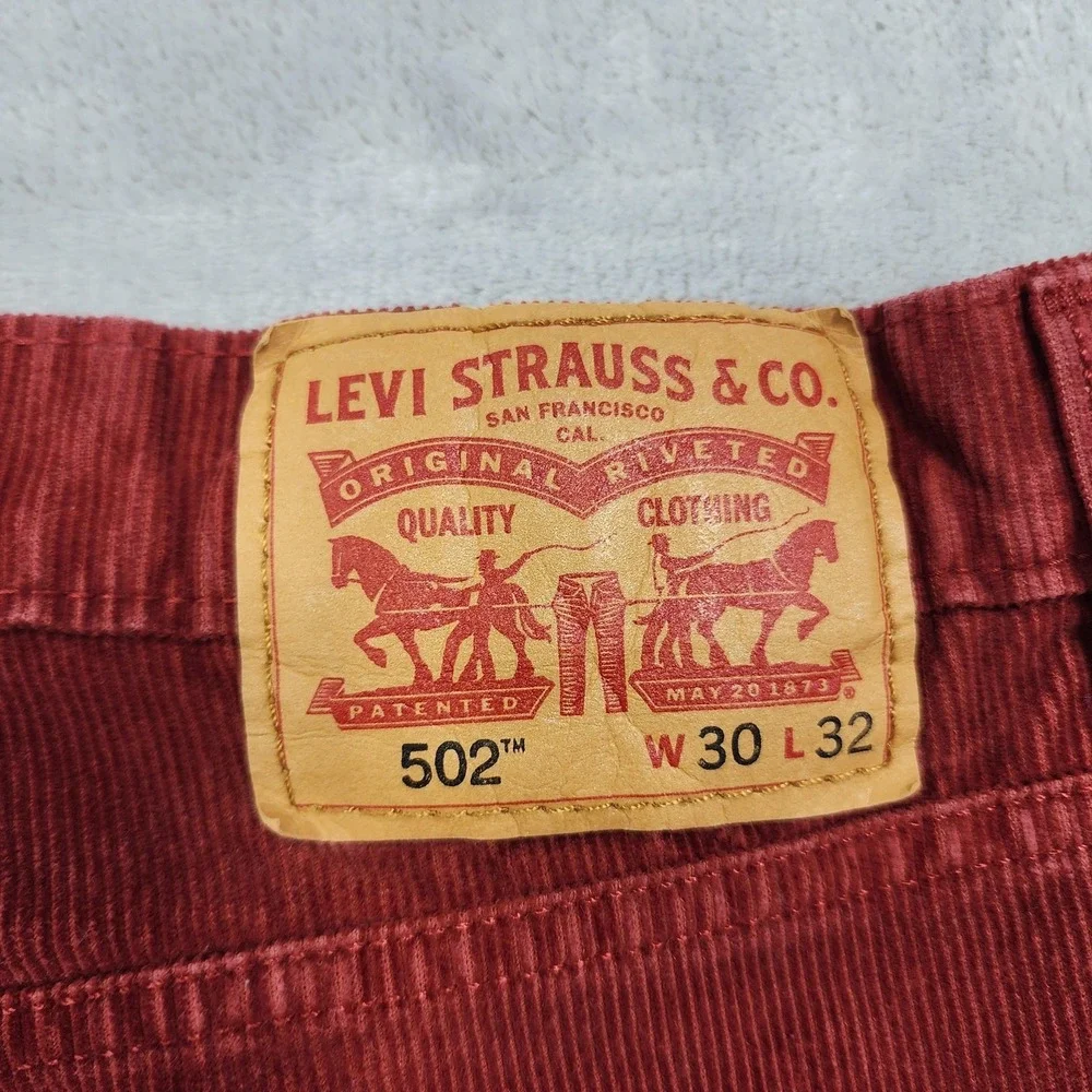 Levi's 502 Jeans Mens 30x28.5 Red Corduroy Regular Fit Tapered Stretch Casual